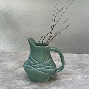 Studio Art Pottery Ceramic Pitcher Vase 7" Emerald Green Stoneware Signed Vtg